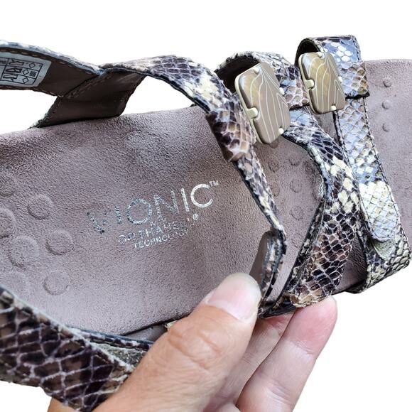 VIONIC Amber Sandals Snakeskin Leather Comfort Gladiator Flats Shoes Women Sz 7